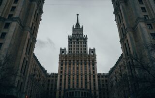 Majestic view of a historic Stalinist skyscraper in Moscow, showcasing Soviet architectural style.