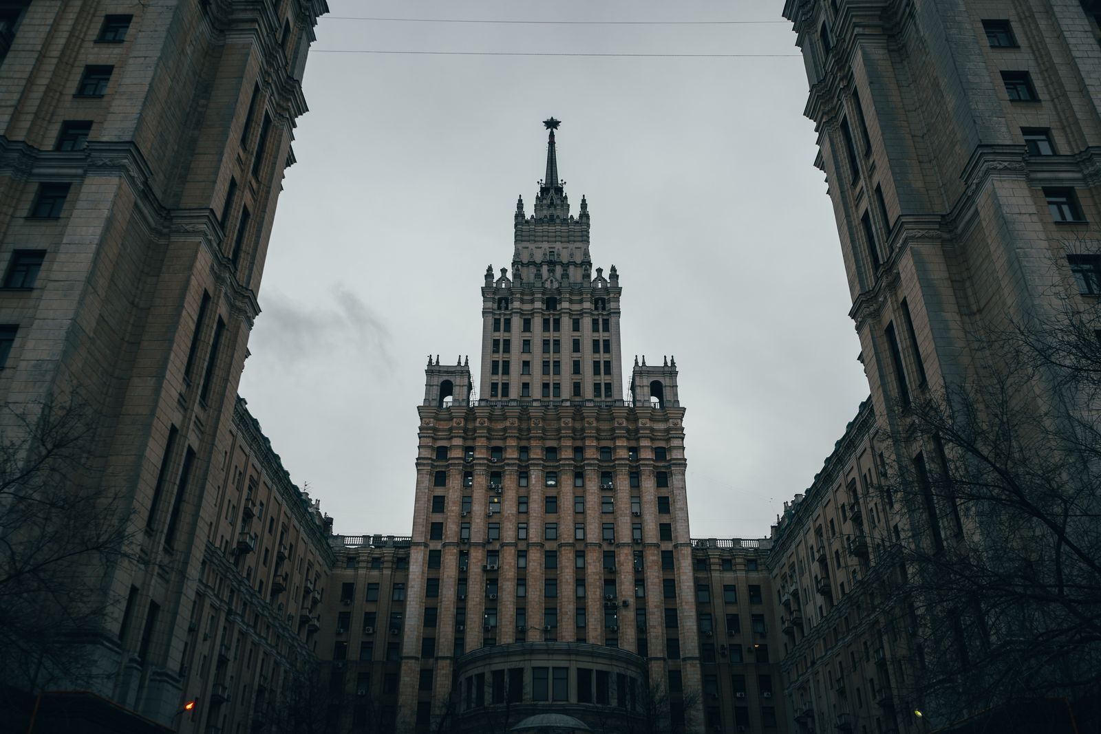 Majestic view of a historic Stalinist skyscraper in Moscow, showcasing Soviet architectural style.