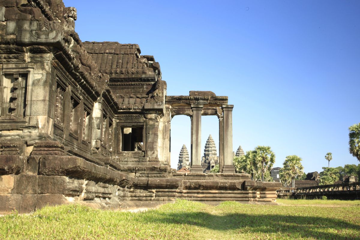 Angkor Wat temple in Cambodia under a clear blue sky