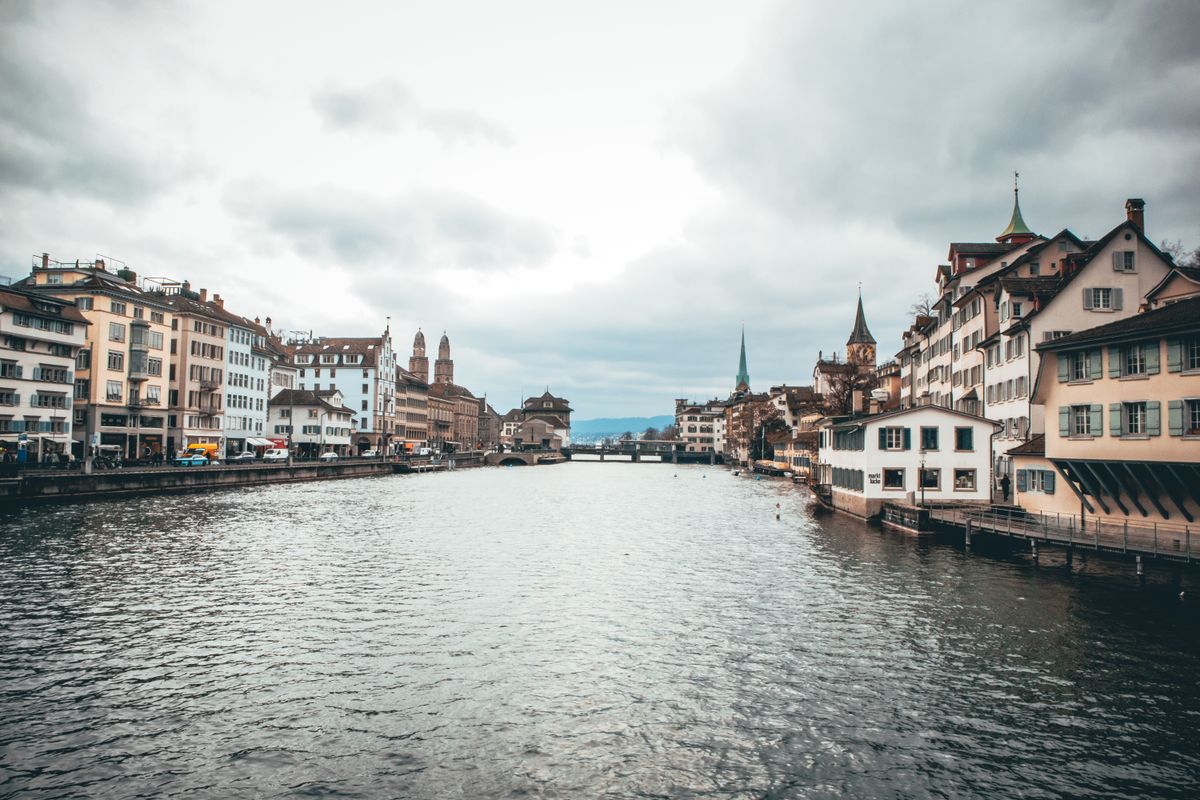 Historic buildings along the Limmat River in Zurich, Switzerland