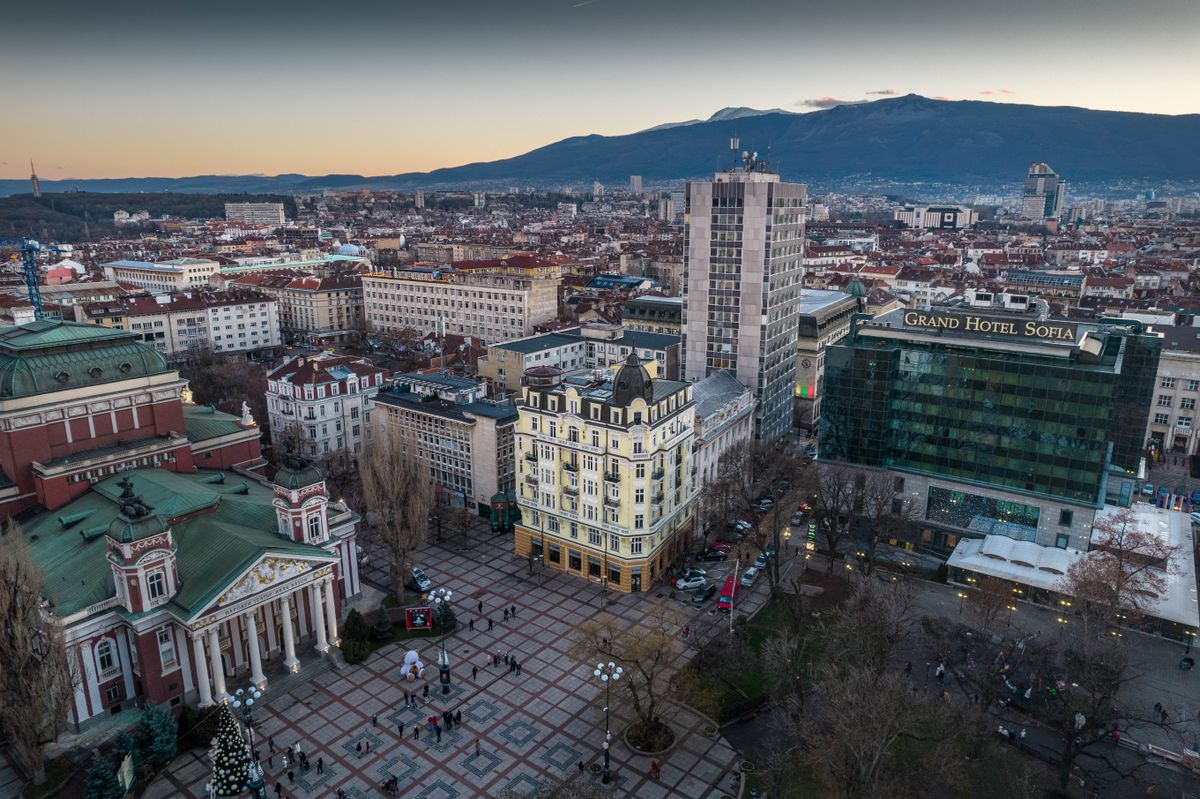 Aerial view of Sofia, Bulgaria, at sunset