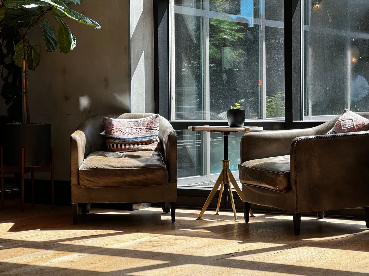 Two armchairs facing each other in a sunlit room