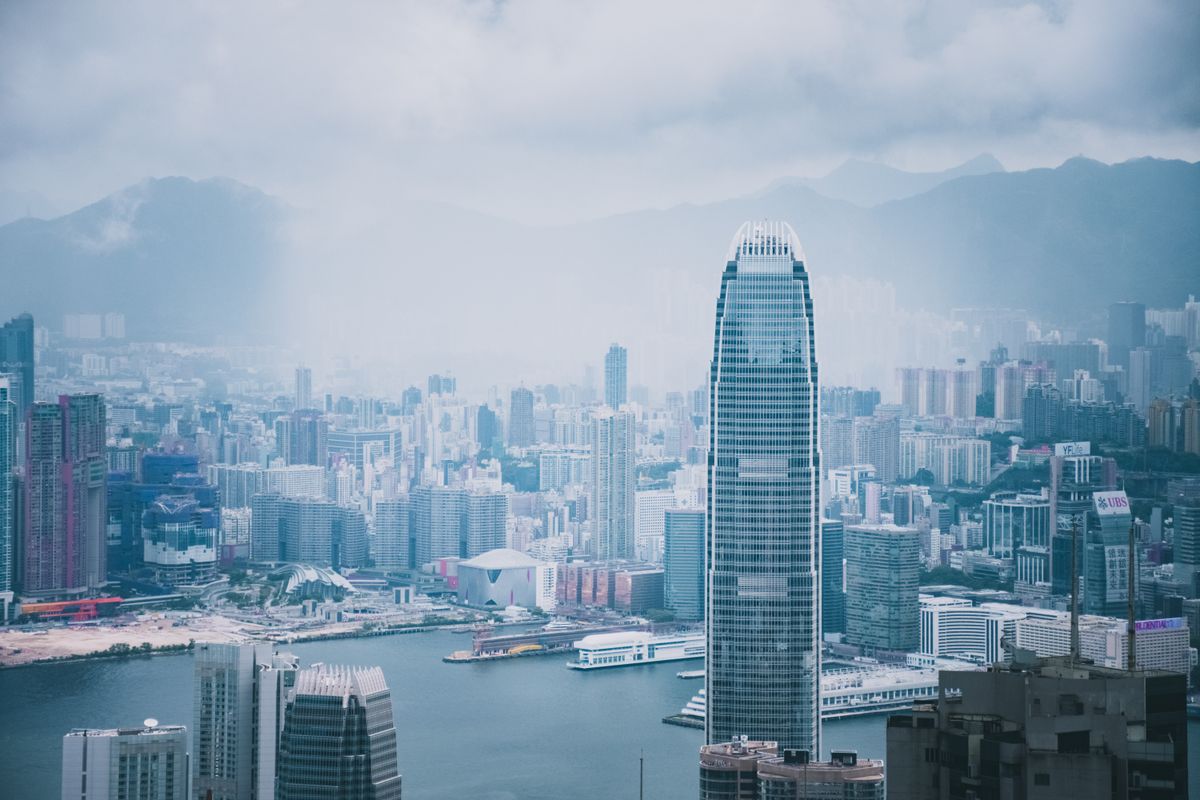 Hong Kong skyline with skyscrapers above the harbour