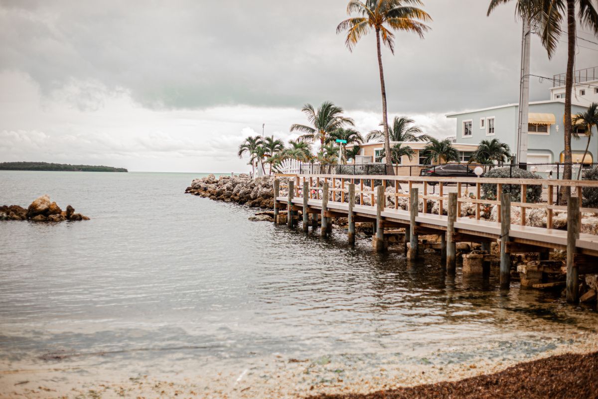 Coastal boardwalk lined with palm trees and seaside homes