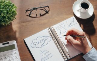 A creative workspace featuring startup planning on a notepad, eyeglasses, and a cup of coffee.