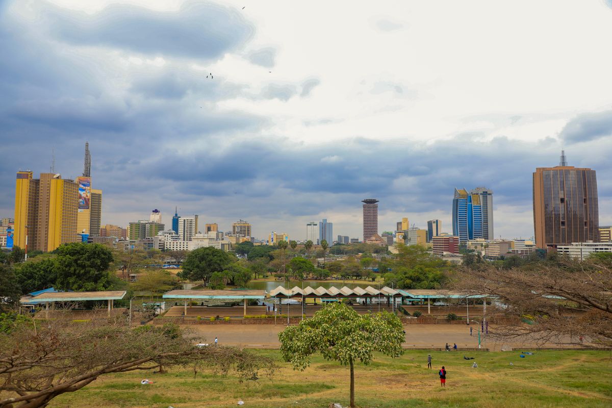 Nairobi city skyline with high-rise buildings and green parkland